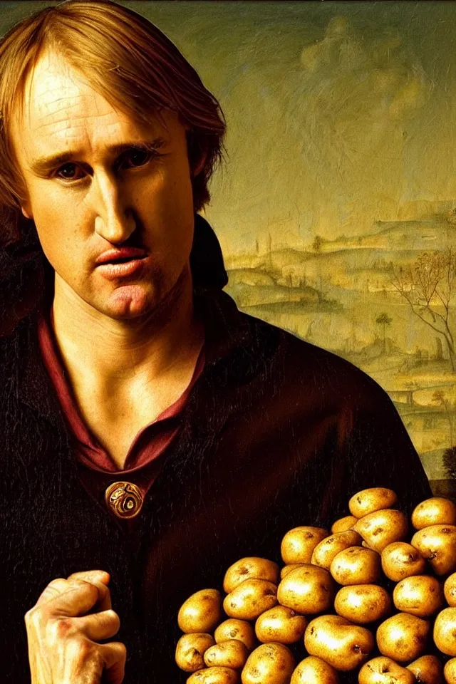 Image similar to bizarre renaissance portrait of owen wilson in a sea of thousands of highly detailed potatos, dramatic cinematic lighting, 8 k, beautiful intricate painting