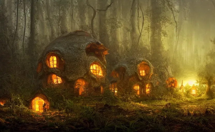 Image similar to A mushroom house close to the camera in the foreground, mushroom houses village in the distance, light coming from the windows, in a dark forest, macro, underexposed, overecast, mysterious matte painting by greg rutkowski and marc simonetti and Ivan Shishkin