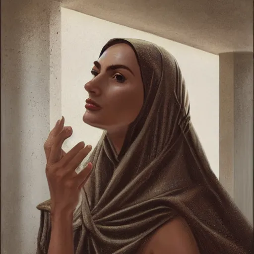 Image similar to detailed face of an arabic woman, travertine and stainless steel courtyard, terrazzo, tectonic sky, skydome, reactor, utopian, tech noir, wet reflections, prism, atmospheric, ambient, pj crook, syd mead, livia prima, artgerm, greg rutkowski, nick alm, casey baugh