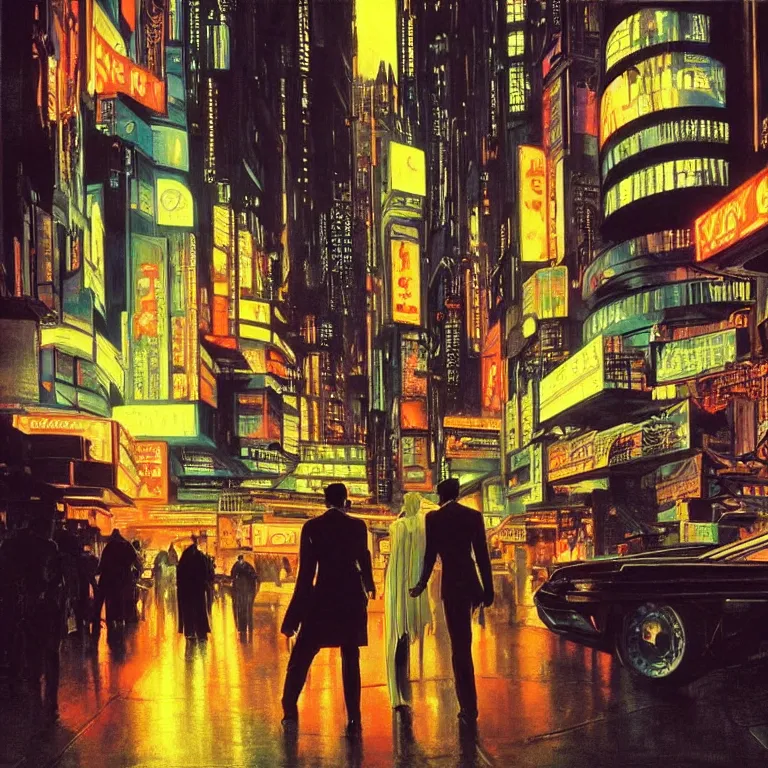 Prompt: scene of city night life with people dressed in futuristic clothes, cyberpunk designs, vehicles, automations, and faint glows of vivid color, cinematic, highly detailed, intricate, hd quality, realism, from blade runner concept art, renaissance painting, by syd mead and edward hopper
