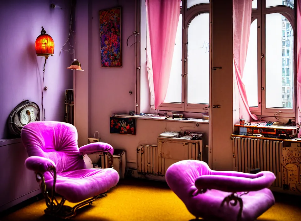 Prompt: telephoto 7 0 mm f / 2. 8 iso 2 0 0 photograph depicting the feeling of chrysalism in a cosy cluttered french sci - fi ( art nouveau ) cyberpunk apartment in a pastel dreamstate art cinema style. ( fridge, computer screens, window ( city ), armchair, lamp ( ( ( fish tank ) ) ) ), ambient light.