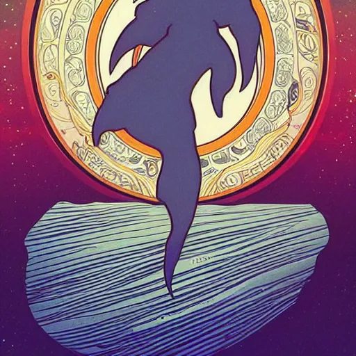 Image similar to a dolphin leaps out of the ocean, astral projection, astral travel, space background, cinematic, detailed, very realistic, by Alphonse Mucha, Moebius, Laurie Greasley, 8k