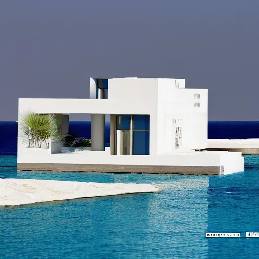 Image similar to habitat 6 7, white lego architect building in the dessert, many plants and infinite pool