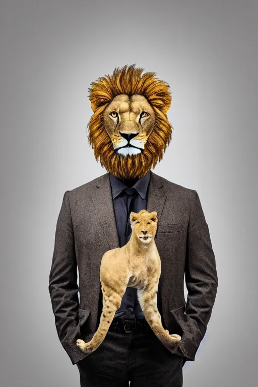 Prompt: Man with a head of a lion in jacket, XF IQ4, 150MP, 50mm, f/1.4, ISO 200, 1/160s, natural light, Adobe Photoshop, Adobe Lightroom, DxO Photolab, polarizing filter, Sense of Depth, AI enhanced, HDR