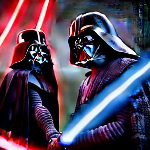 Image similar to ultra detailed picture of a fight between darth vador and anakin skywalker, unreal engine, extremely detailed, epic, dark, highly realistic, beautiful, ultra hd