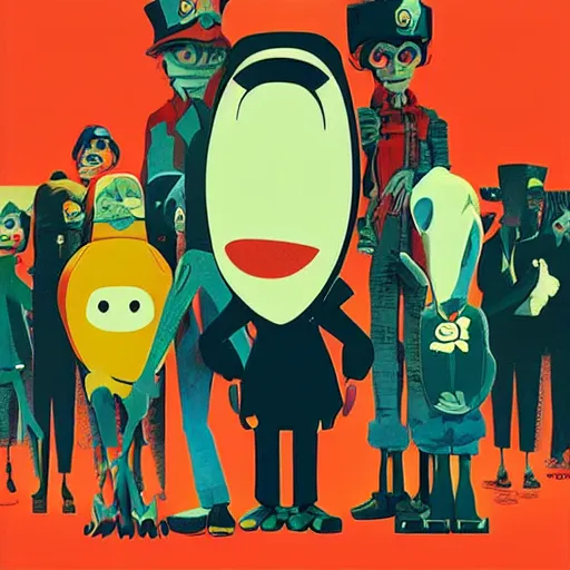 Prompt: a group of people standing next to each other, poster art by jamie hewlett, cgsociety, sots art, official art, 2 d, poster art