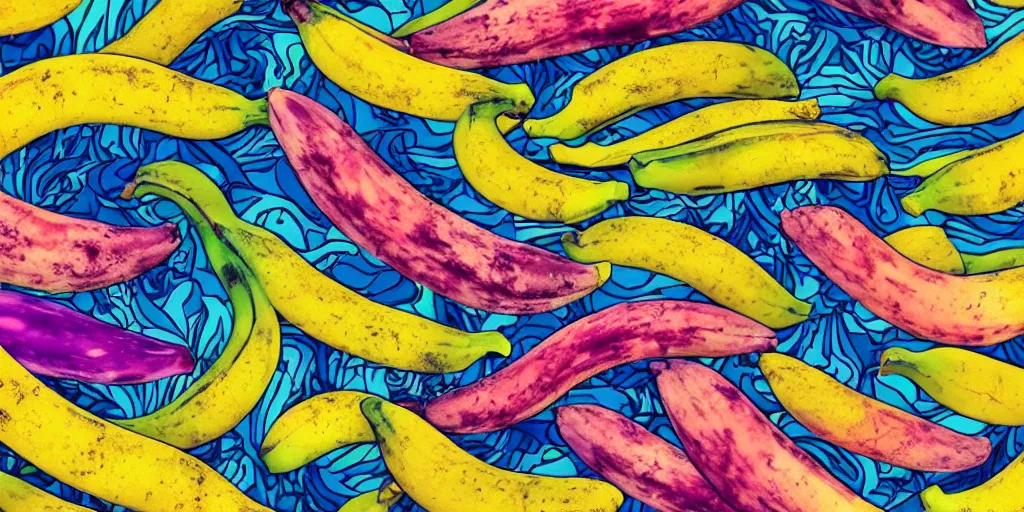 Image similar to a stereogram of different bananas with a hidden dolphin. psychodelic.