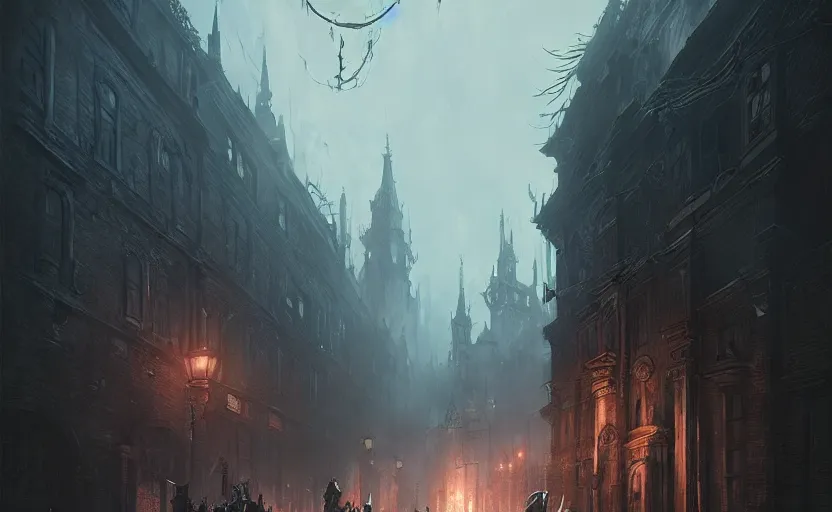 Image similar to Victorian city streets night, bloodborne, Greg Rutkowski, digital art, artstation