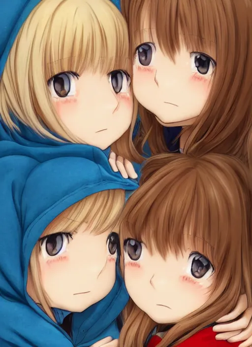 Image similar to highly detailed portrait of one blonde and one brown haired anime girl in onesies hugging each other looking at us, detailed eyes, happy, excited, digital art, cute, anime, detailed faces, well drawn faces, cute faces, hand drawn, 8 k, trending on artstation, official media, in the style of hayao miyazaki