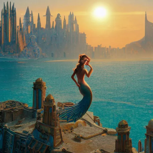 Image similar to establishing shot of atlantis, buildings made of shells with arabic patterns, modern mermaid standing on top of the hill against the morning sun, cinematic composition, mucha, artstation