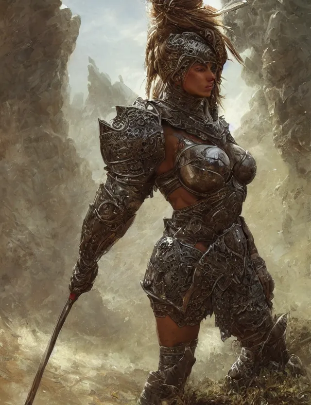 Prompt: muscular female warrior princess wearing heavy plate armor, robust stocky body, at the stone ruins, rpg artwork, hyperdetailed, hyperrealistic, soft light, imposing presence, pino daeni and dan mumford, artstation, intricate metal, smooth, sharp focus