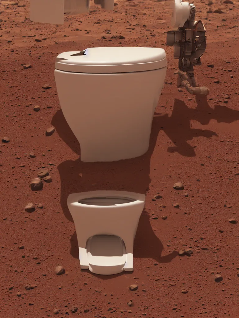 Prompt: a maniac finds a toilet on mars, 4k, photoreal, colour polaroid photo