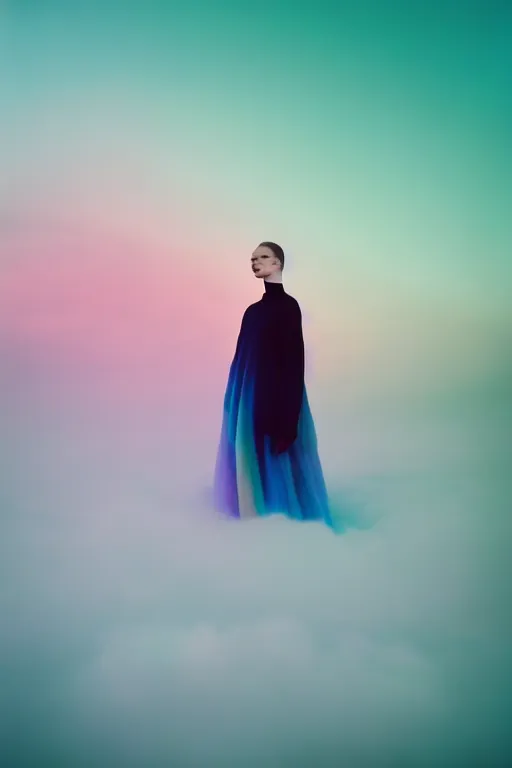 Image similar to high quality pastel coloured film close up wide angle photograph of a model wearing clothing swimming on cloud furniture in a icelandic black rock!! environment in a partially haze filled dreamstate world. three point light, rainbow. photographic production. art directed. pastel colours. volumetric clouds. pastel gradient overlay. waves glitch artefacts. extreme facial clarity. 8 k. filmic.