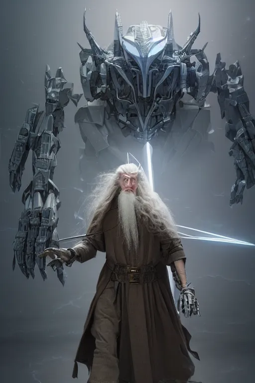 Prompt: a hyperrealistic 3 d render of gandalf as an evil - cyborg - mecha - wizard. by artgerm, wlop and ravi varma. octane render. dark moody lighting. middle - earth background. intricate beautiful details. trending on deviant art.