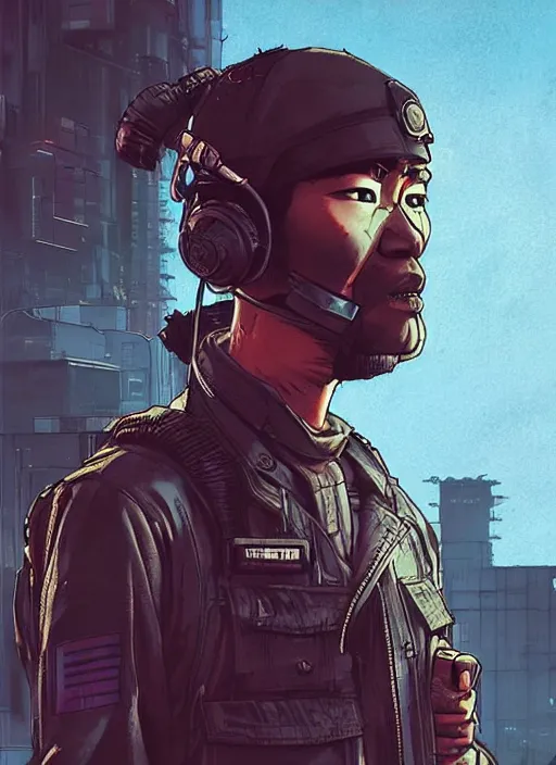 Prompt: Smug Hiro. nimble Japanese cyberpunk mercenary wearing a cyberpunk tactical headset and military vest. square face. Realistic Proportions. Concept art by James Gurney and Laurie Greasley. Moody Industrial skyline. ArtstationHQ. Creative character design for cyberpunk 2077.