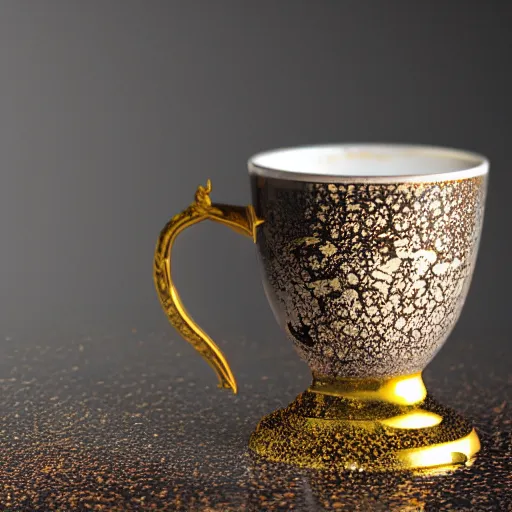 Prompt: cup of steaming coffee, ornate kinatsugi, baroque, gold dust, marble background, dark-brown, gold cracks, silver, highly detailed porcelain, glazed, volumetric dust rays, dark, intricate detail, ultra realistic, dramatic lighting, wet, shiny, unreal engine 5, hyper realistic, octane render, 8k