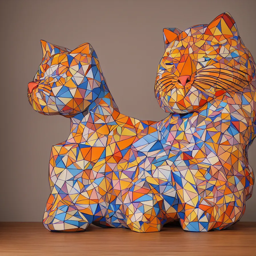 Image similar to beautiful gallery show studio photograph of a giant realistic geometric ceramic sculpture of garfield cat!!!!, heavily glazed by bridget riley and victor vasarely, placed on a polished wooden table, colorful hyperrealism 8 k trending on artstation