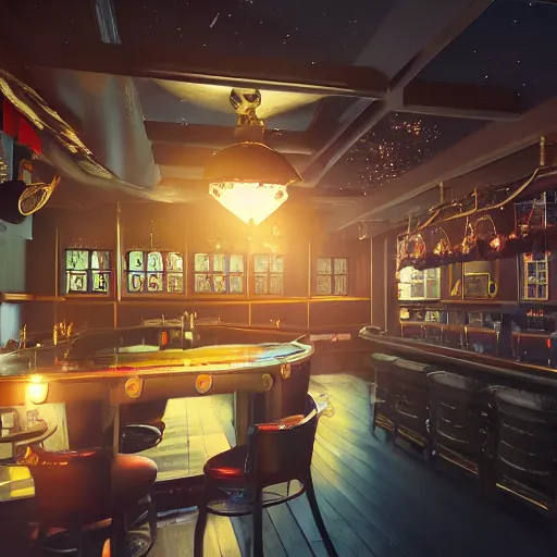 Prompt: part of a british pub floating in space, stars and galaxies, beams of light, trending on artstation, octane render