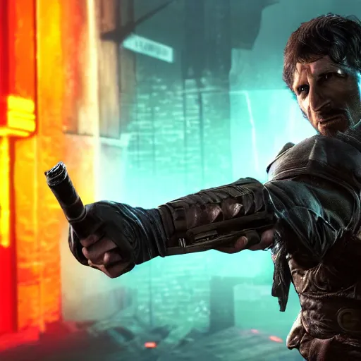 Image similar to todd howard pointing a gun towards the camera and forcing you to buy skyrim, threatening, sharp, cinematic, colorful, digital, neon, bright, cyberpunk
