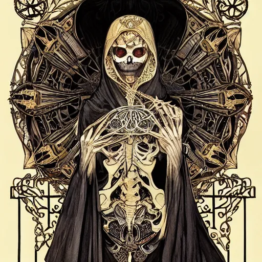 Image similar to a skeleton in a black cloak, highly detailed, very intricate, art nouveau, gold filigree, left right symmetry, tarot concept art watercolor illustration by mandy jurgens and alphonse mucha and alena aenami, featured on artstation