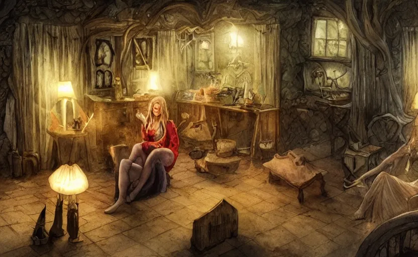 Image similar to women in the interior of a witches magical cottage, Milo Manara, night time, Margot Robbie, Scarlett Johanson, zoey Deschannel, smoking cigarettes, playing board games, highly detailed, pencil and watercolor, Tarantino movie posters, melancholy, level design, concept art, artstation, cgsociety, zenith view