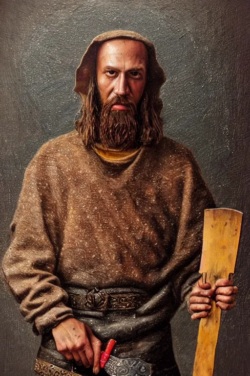 Prompt: Slavic dog head man, woolen torso in medieval clothes, holding axe, Orthodox Saint Christopher, oil painting, hyperrealism, beautiful, high resolution, trending on artstation,
