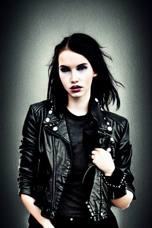 Image similar to dreamy rock girl, black leather jacket, detailed acrylic, grunge, perfect lighting. professional design. great composition, illustration