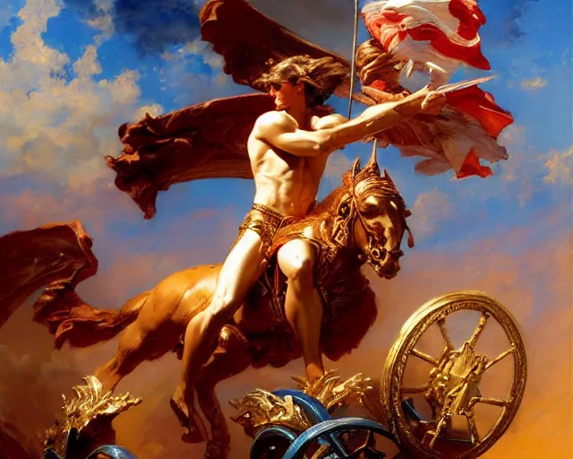 Image similar to attractive apollo greek god, riding his fire chariot. highly detailed painting by gaston bussiere, craig mullins, j. c. leyendecker 8 k