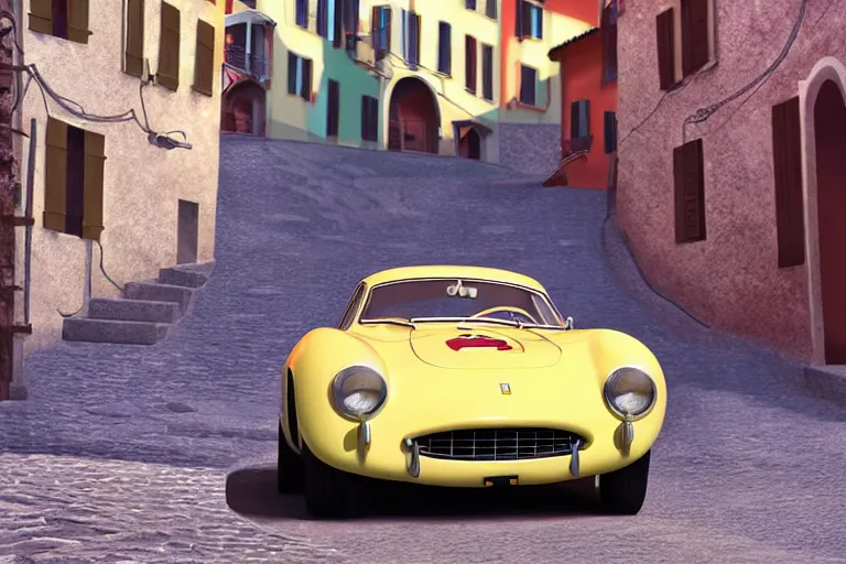 Image similar to a wholesome animation key shot of!! one!! focused!! ferrari 2 5 0 gt!! in beautiful cinque terre italian street, medium shot, studio ghibli, ( pixar ) and disney animation, sharp, very detailed, high resolution, rendered in unreal engine 5, anime key art by greg rutkowski, bloom, dramatic lighting