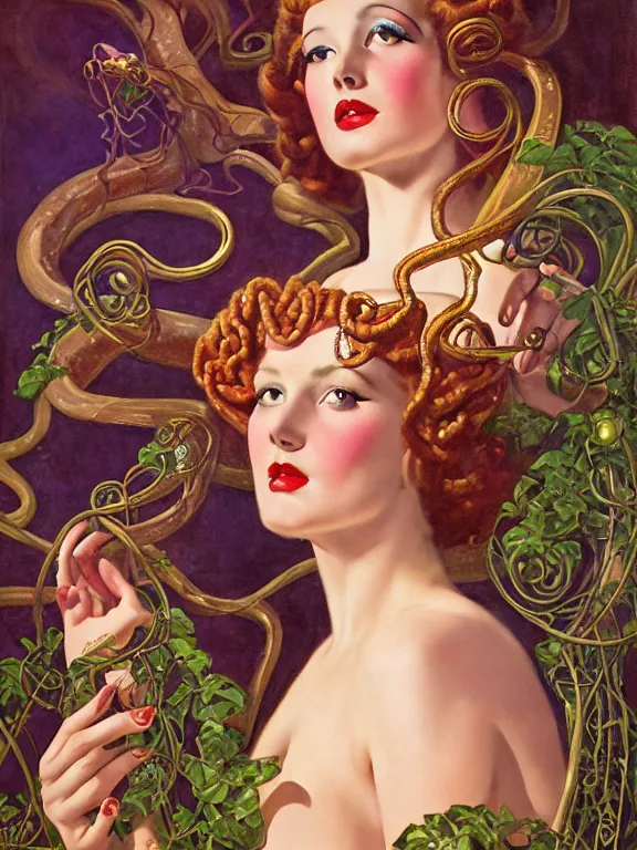 Image similar to Sidney Sweeney as the Medusa Gorgon, a beautiful art nouveau portrait by Gil elvgren, Greek temple environment, centered composition, defined features, golden ratio, gold jewlery, photorealistic professionals lighting, cinematic, sheer