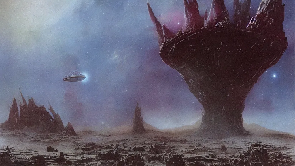 Image similar to eerie atmospheric alien planet with a small organic dropship landing by jack gaughan and bob eggleton and chris moore, epic cinematic matte painting