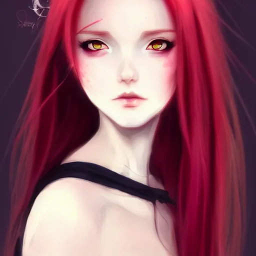 Image similar to facial portrait of a young pretty anime woman, long red hair, dark eyes, gothic eyeliner, character concept art, headshot, Charlie Bowater, Anna Dittmann, WLOP, Rumiko Takahashi, Akihiko Yoshida, Hyung-tae Kim, alexander mcqueen, trending on Artstation