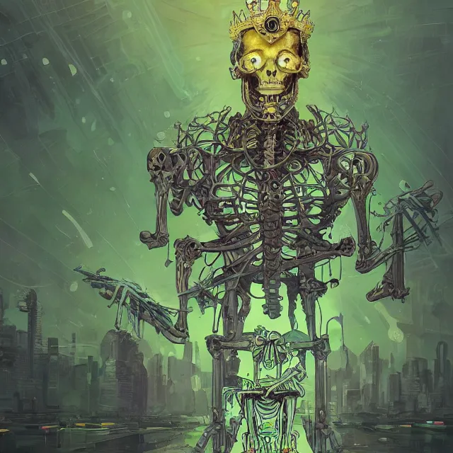 Image similar to a beautiful painting of a ( ( cybernetic ) ) skeleton king, resting on a throne of transparent green energy by simon stalenhag and pascal blanche and alphonse mucha! and nekro!. in style of digital art. colorful comic, film noirs!, symmetry, hyper detailed. octane render. trending on artstation