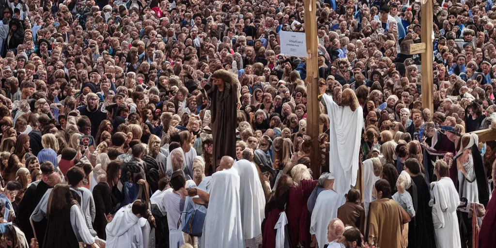 Prompt: highly detailed photograph at the crucifixion of Jesus Christ and the crowd is smiling and taking phone selfies