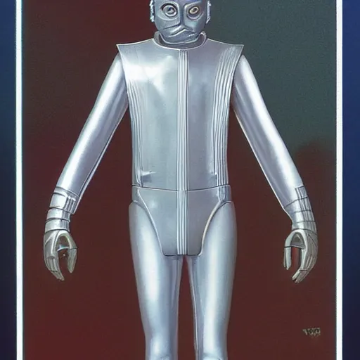 Prompt: a silver man, by ralph mac quarrie, retrofuturism,