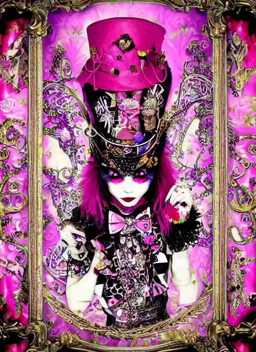 Image similar to baroque bedazzled gothic royalty frames surrounding a pixelsort emo demonic horrorcore Japanese maximalist decora Mad Hatter, sharpened early computer graphics, remastered chromatic aberration