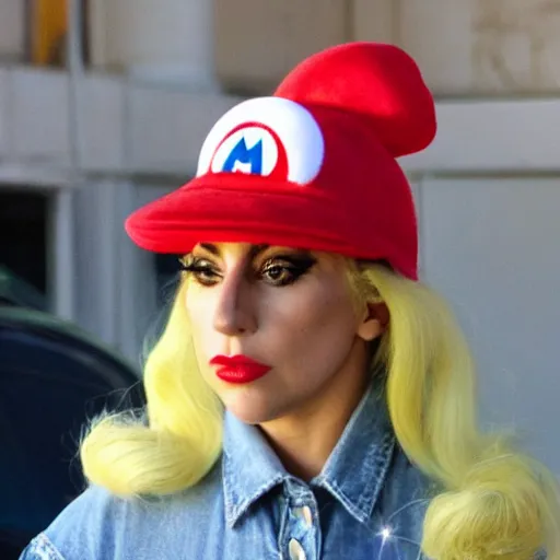 Image similar to lady gaga wearing a super mario hat