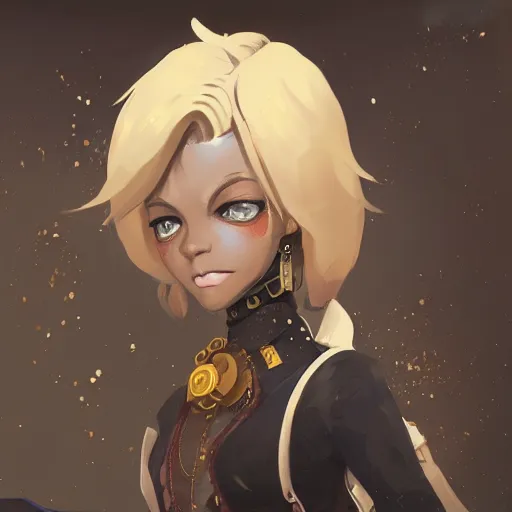 Image similar to a girl with dark skin with yellow eyes and short white hair, wearing steampunk attire, highly detailed, digital painting, artstation, matte, by makoto shinkai, animation style