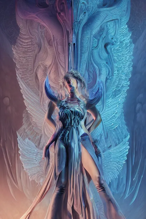 Prompt: beautiful female angel fused with poltergeist demon, legendary epic pose, few elegant silk robes with ornate pattern, portrait, intricate details, vicious appearance, by vincent di fate, artgerm, julie bell, beeple and Greg Rutkowski, 90s, concept, Smooth gradients, octane render, 8k, High contrast, duo tone, depth of field, very coherent symmetrical artwork