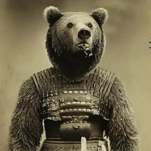 Image similar to “grizzly bear in full samurai armour, 1900’s photo”