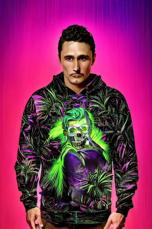Prompt: hyper detailed ultra sharp portrait of baroque and bladerunner delicate neon emerald and onyx sculpture of ( handsome muscular king james franco ) ( ( striped tigers ) ) wearing ( ( metallic green hoody ) ) ( holding a glass neon skull ) space dungeon, glowing glass palm trees, crown of white diamonds, cinematic lighting, photorealistic, octane render 8 k depth of field 3 d