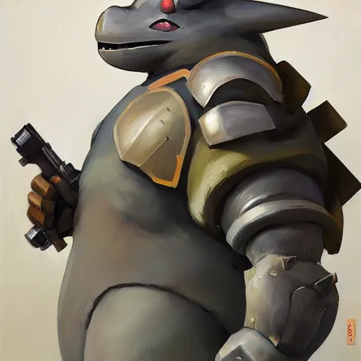 Image similar to greg manchess portrait painting of partially armored totoro as overwatch character, medium shot, asymmetrical, profile picture, organic painting, sunny day, matte painting, bold shapes, hard edges, street art, trending on artstation, by huang guangjian and gil elvgren and sachin teng