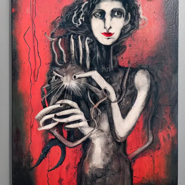 Image similar to a portrait in a dark apartment, rats, a widow holding an octopus, streetlamps, wet, puddles, wild berries, metaphysical, neo - expressionism, surrealism, acrylic and spray paint and oilstick on canvas