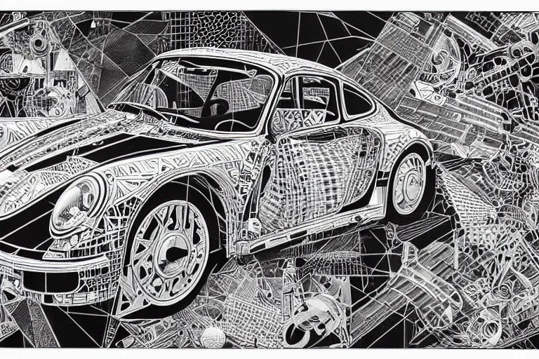 Prompt: a black and white drawing of a porsche 9 5 9 deconstructed schematic, a detailed mixed media collage by hiroki tsukuda and eduardo paolozzi and moebius, intricate linework, sketchbook psychedelic doodle comic drawing, geometric, street art, polycount, deconstructivism, matte drawing, academic art, constructivism