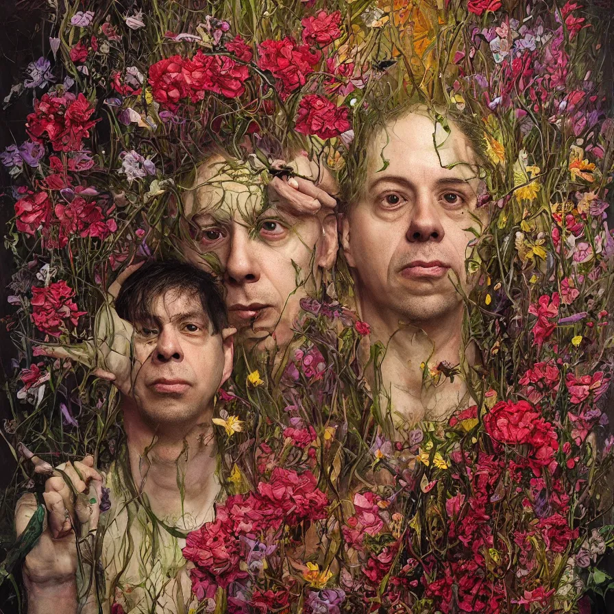 Image similar to todd solondz john zorn, male portrait of the john zorn todd solondz of the underworld puking blood, surrounded by flowers by karol bak, james jean, tom bagshaw, rococo, trending on artstation, cinematic lighting, hyper realism, octane render, 8 k, hyper detailed.