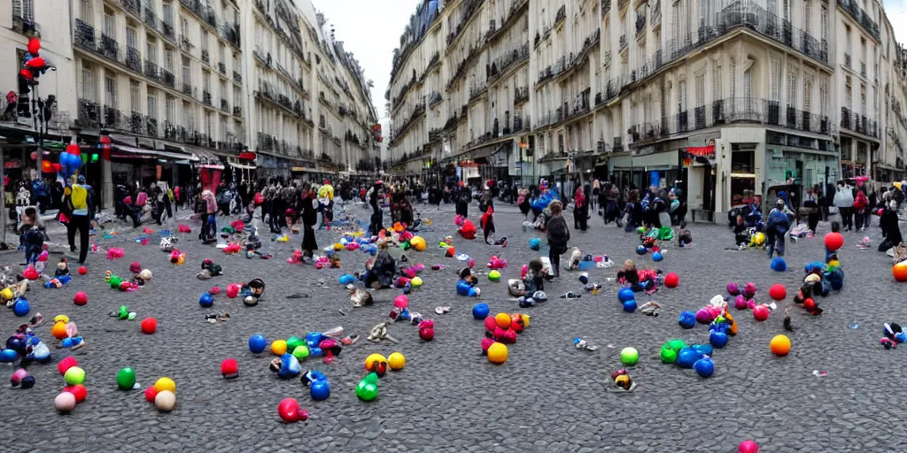 Prompt: million of babies on the streets on paris, with balls and toys, wide angle