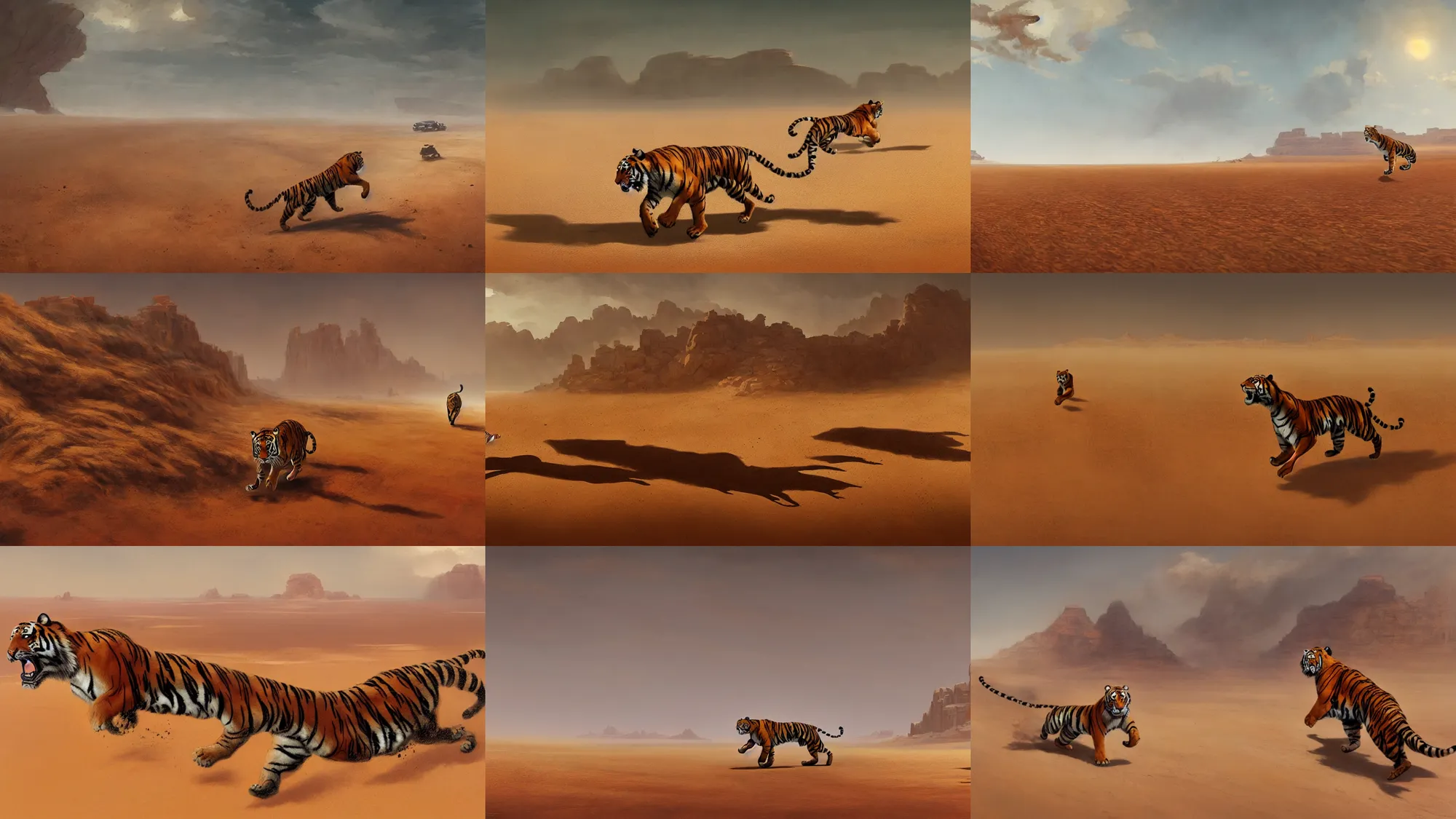 Prompt: tiger running across the open desert, empty desert, sand, karst landscape, wide shot, concept art by greg rutkowski