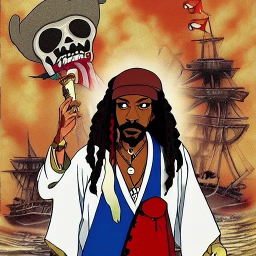 Prompt: Snoop Dogg as a Captain Jack Sparrow, Anime poster, in hayao Miyazaki style, studio Ghibli