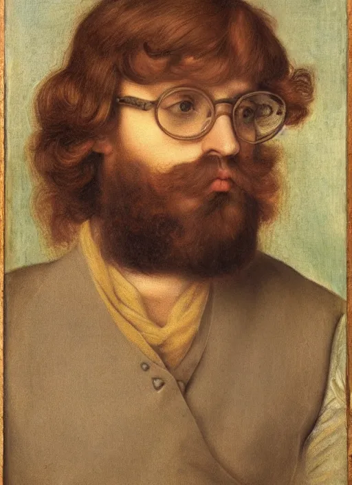 Prompt: Pre-Raphaelite young beautiful bearded brown-haired male with glasses