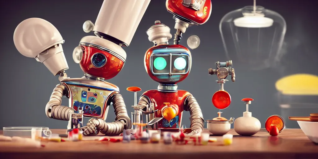 Image similar to closeup portrait of tin toy retro robot chef mixing colourful lab vials cooking pastry in a kitchen, depth of field, zeiss lens, detailed, centered, fashion photoshoot, by nicoletta ceccoli, mark ryden, lostfish, breathtaking, 8 k resolution, extremely detailed, beautiful, establishing shot, artistic, hyperrealistic, octane render